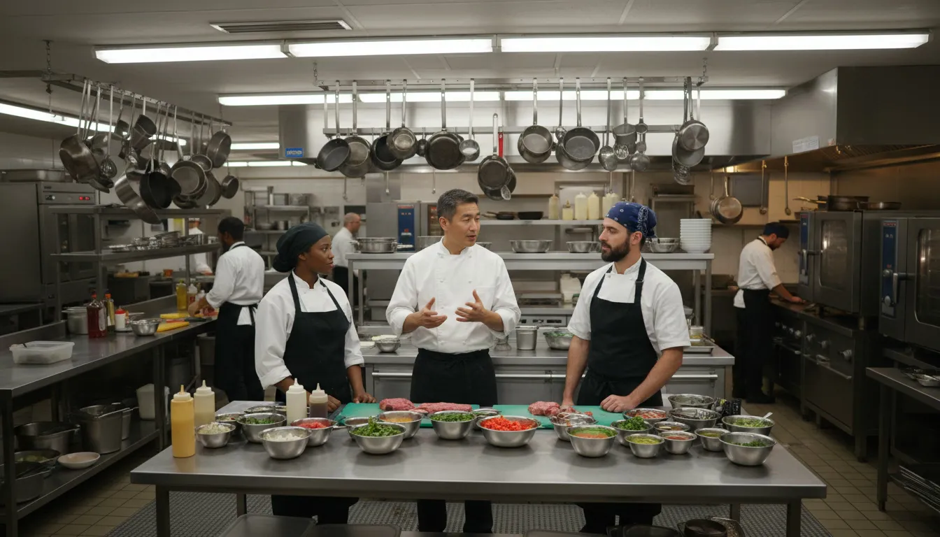 Kitchen manager coordinating with line cooks during dinner prep