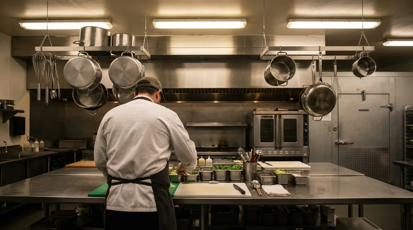 Line cook preparing kitchen station during early morning shift