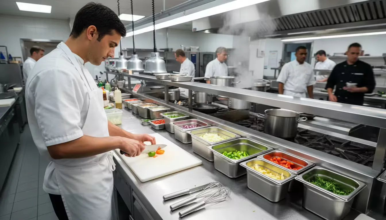 Over-the-shoulder shot of a line cook in chef whites and apron working at a stainless steel prep station in a commercial kitchen during the pre-servic