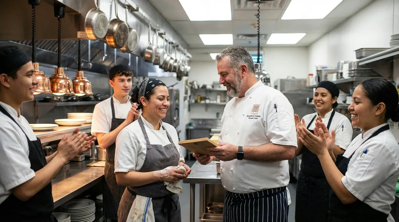 Chef presenting recognition award to line cook in restaurant kitchen