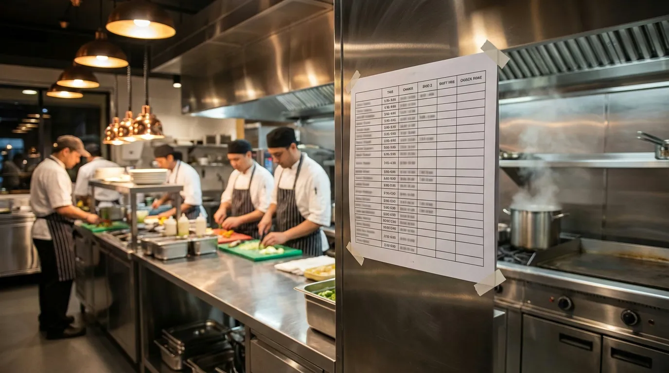 Weekly staff schedule posted in busy commercial kitchen prep area