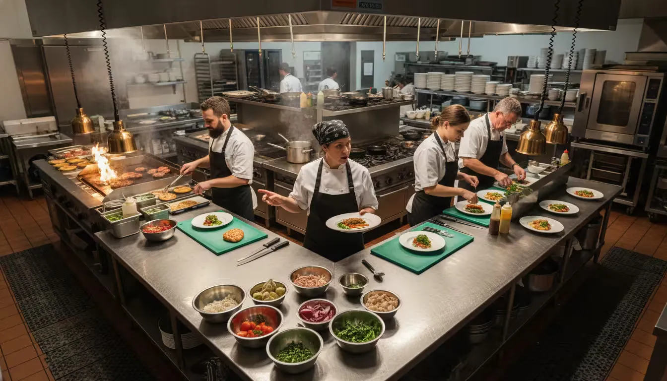 Wide shot from an elevated corner angle capturing a commercial kitchen during dinner service rush.