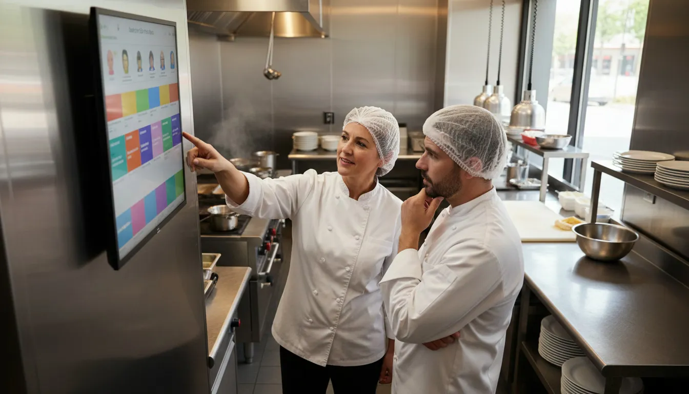 Kitchen staff reviewing employee directory near prep station