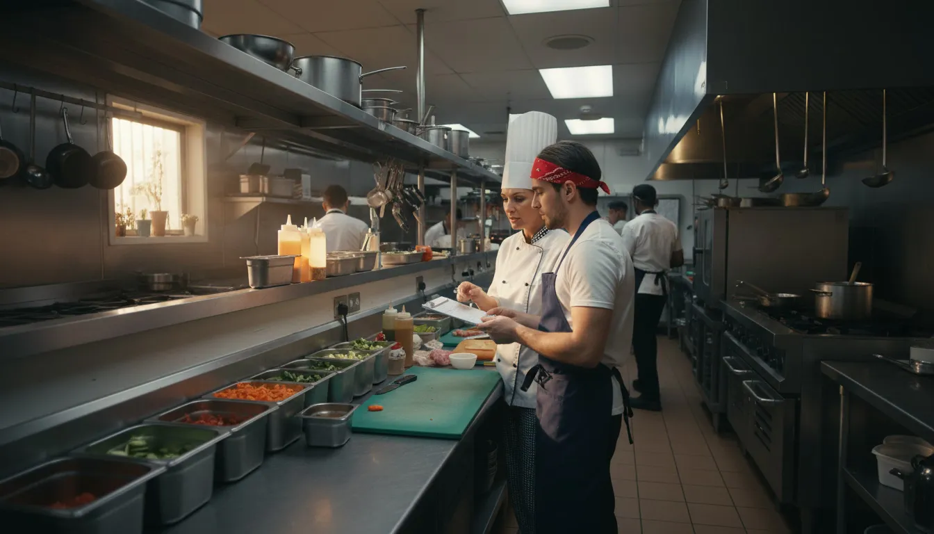 Kitchen manager reviewing prep checklist with line cook before dinner service
