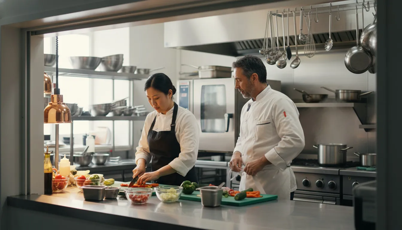 Two restaurant kitchen workers coordinating during morning prep shift