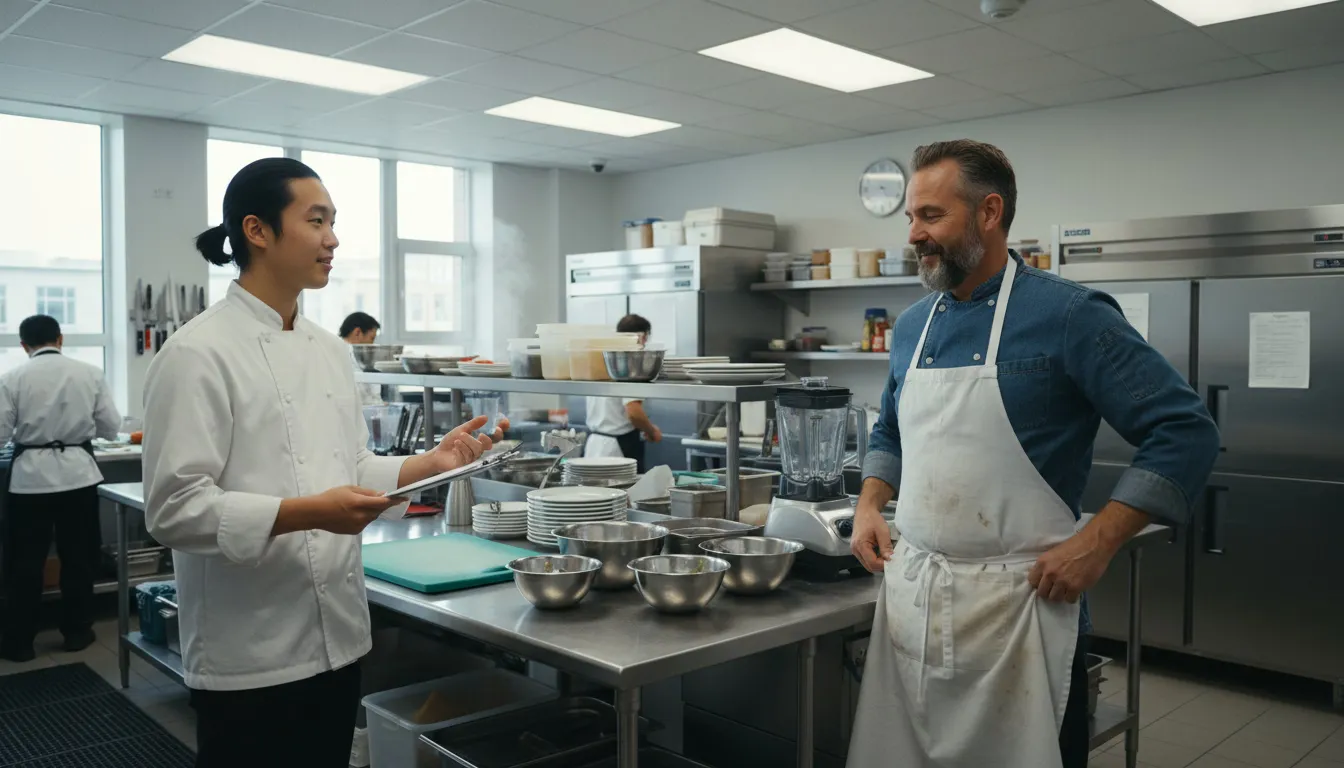 Kitchen staff during shift handoff in commercial restaurant kitchen