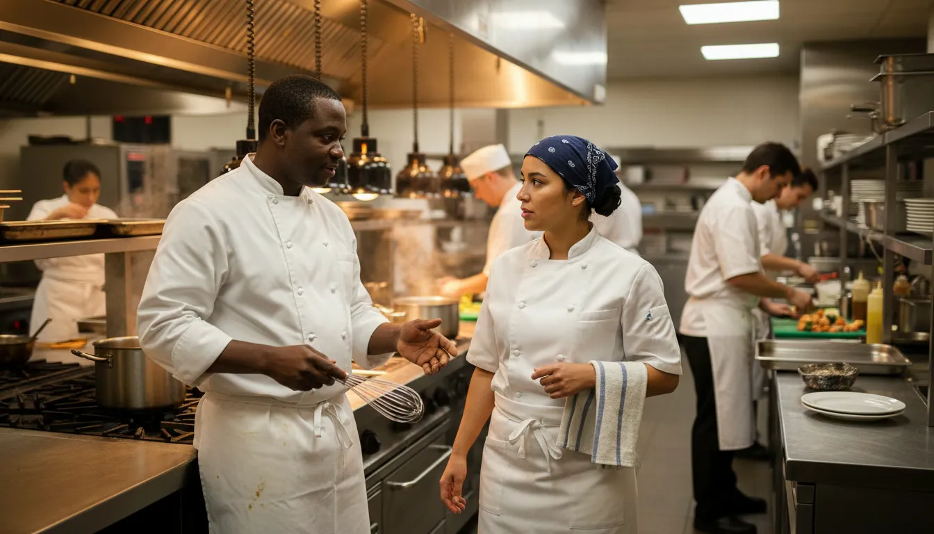 Kitchen staff coordinating during voluntary overtime shift transition