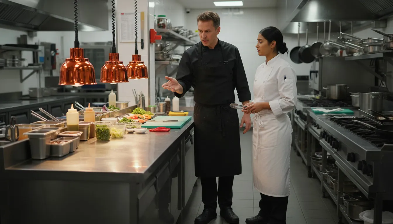 Two kitchen staff during shift handoff at restaurant prep station