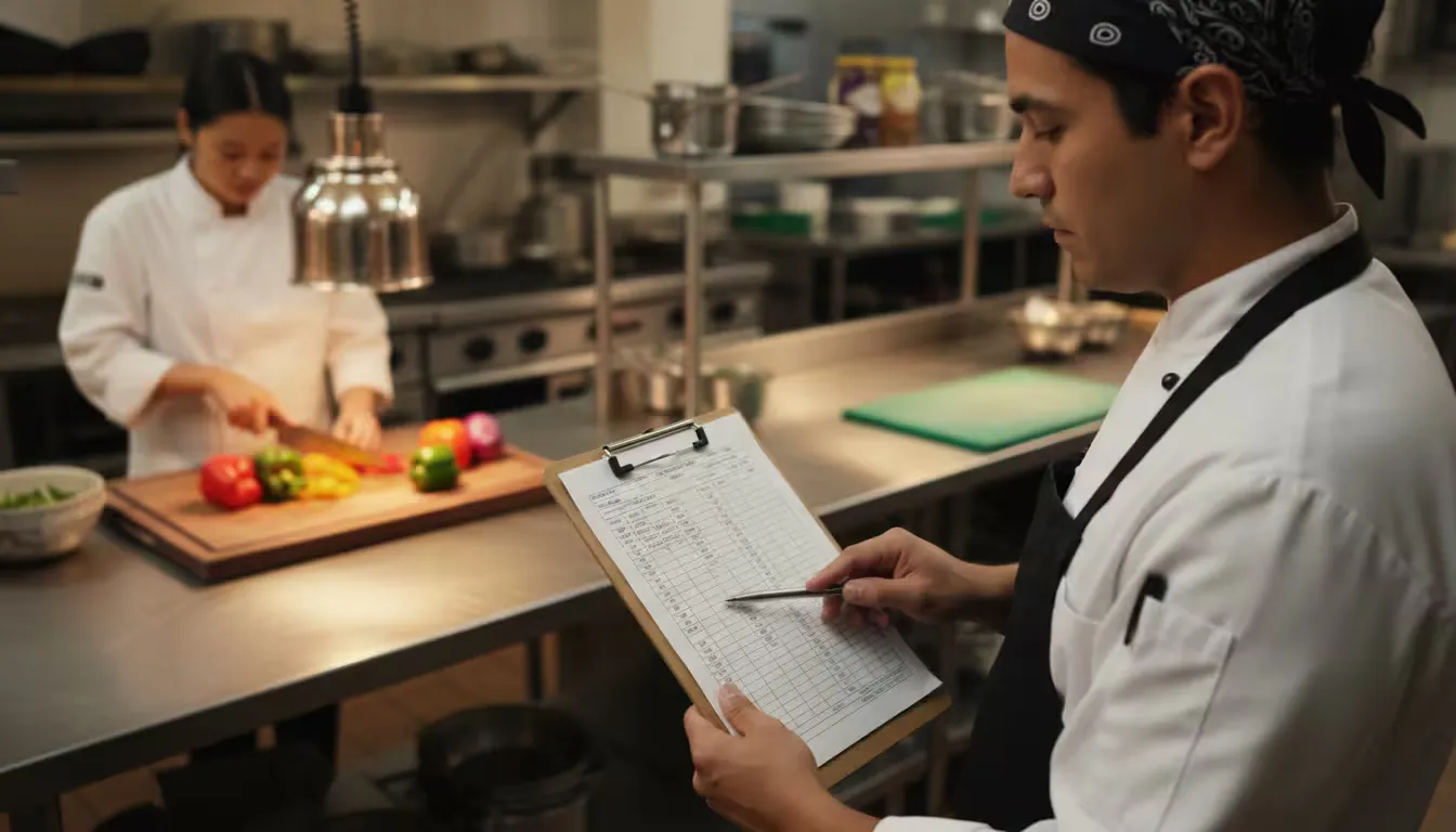 Over-the-shoulder perspective inside a commercial kitchen during the transition between lunch and dinner service, warm overhead lighting casting shado