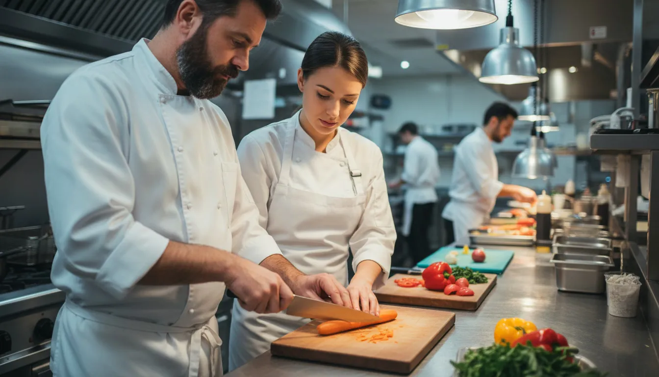 Experienced line cook training newer kitchen staff member on prep techniques
