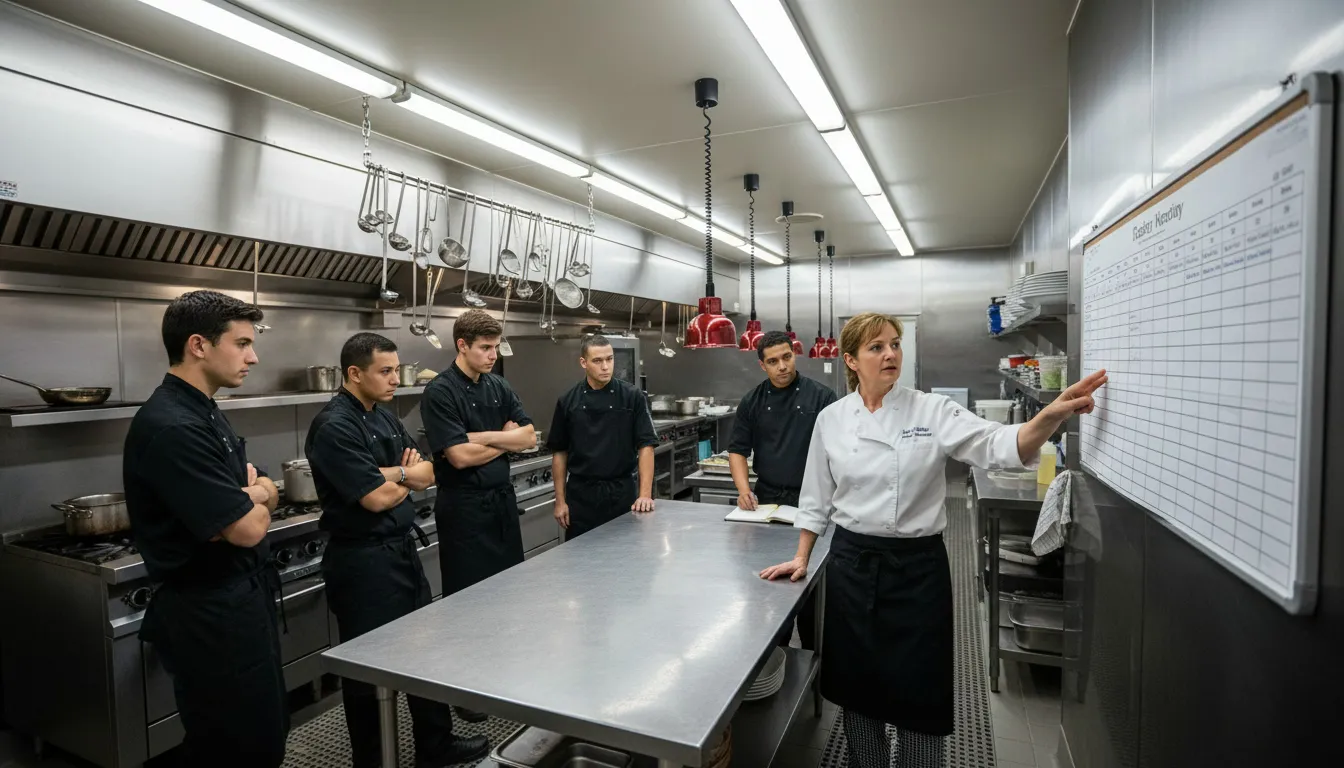 Kitchen staff reviewing weekly schedule during pre-service meeting in restaurant