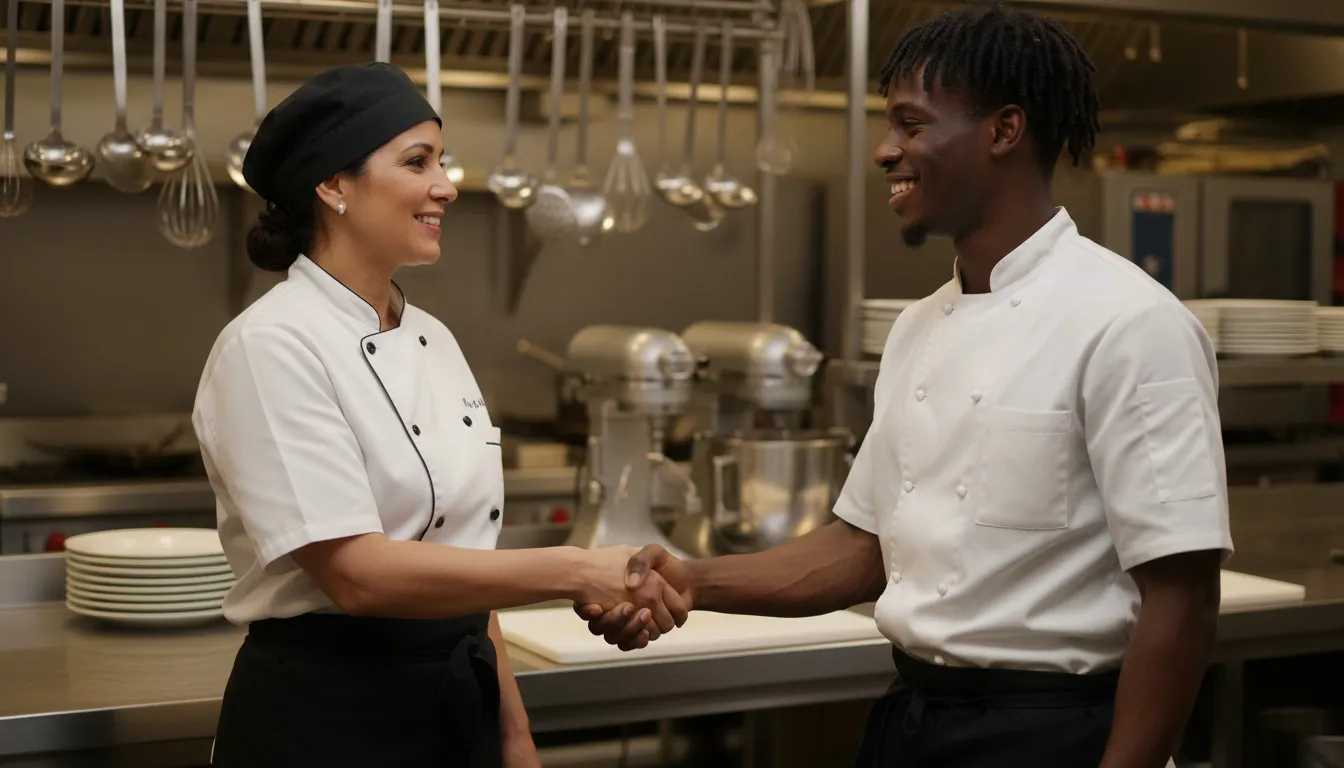 Restaurant manager shaking hands with line cook in kitchen