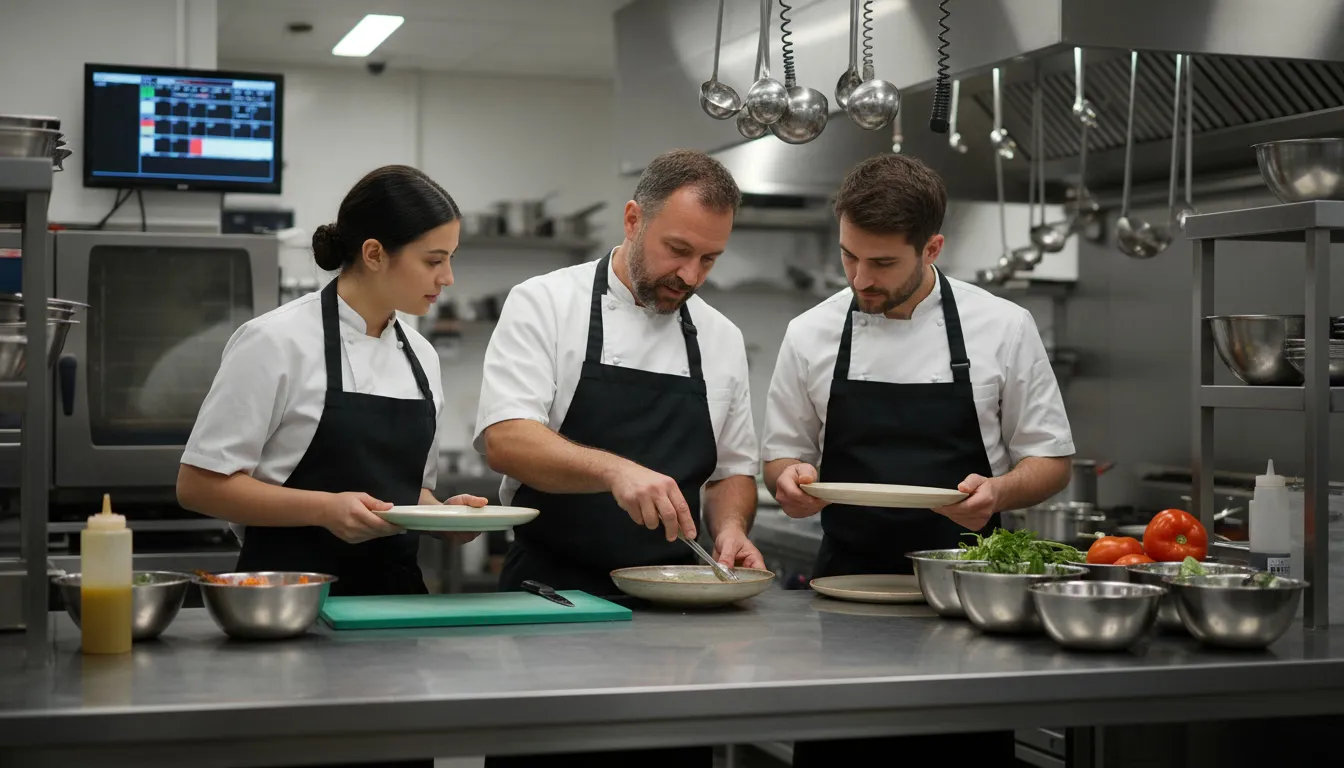 Kitchen staff coordinating during restaurant service shift
