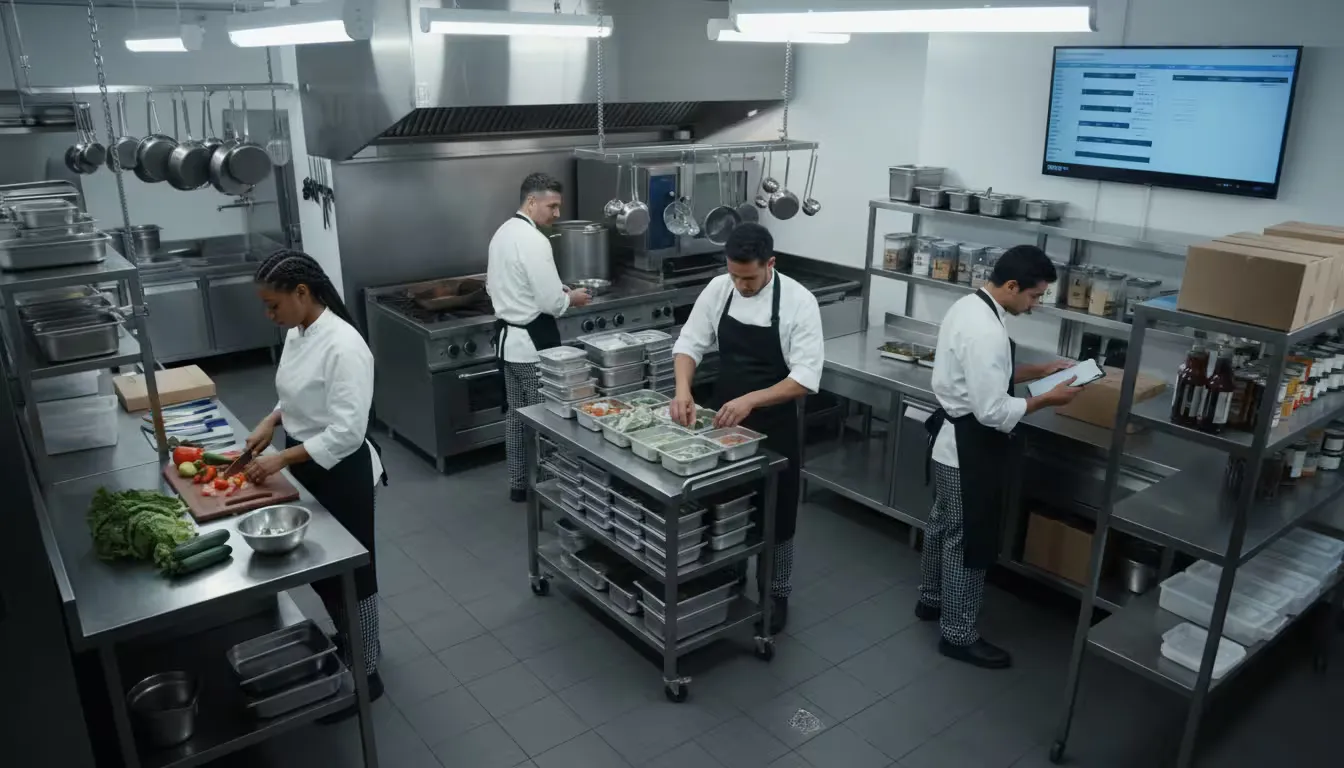 Wide shot of a commercial restaurant kitchen during early morning prep before service begins.