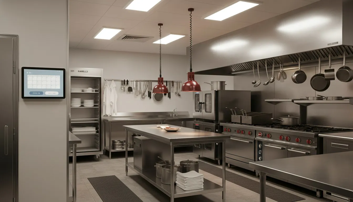 Empty commercial kitchen time clock area showing unattended clock-in station