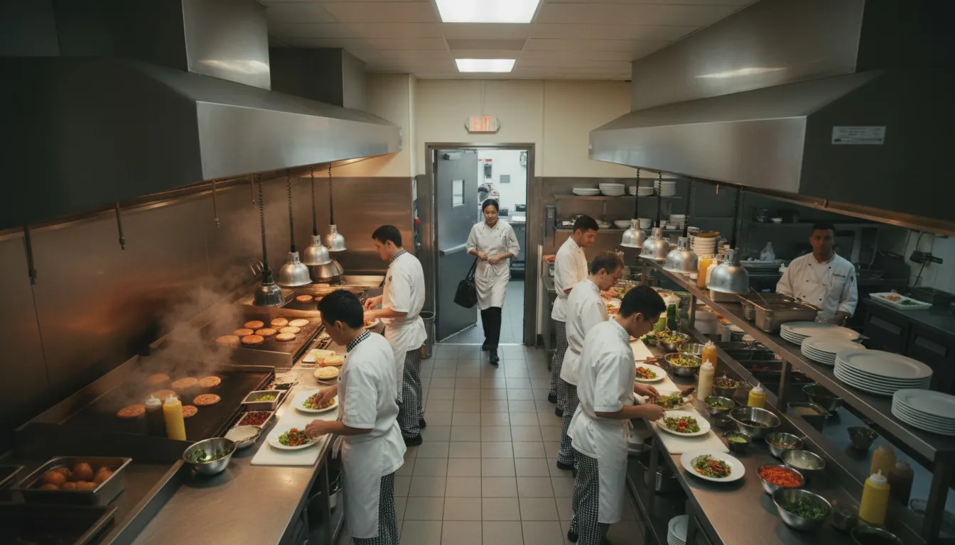 PRN cook arriving at busy restaurant kitchen during dinner rush