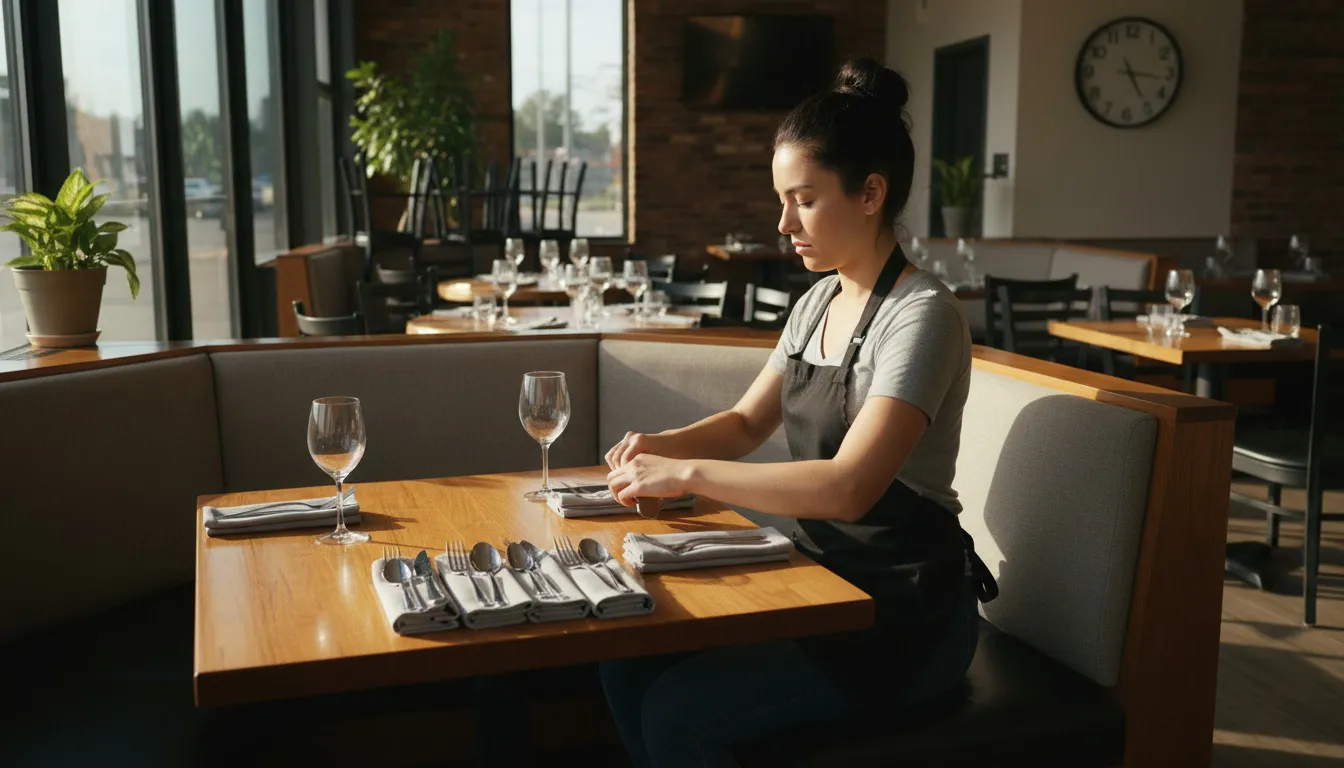Restaurant server rolling silverware and setting tables before clocked shift start
