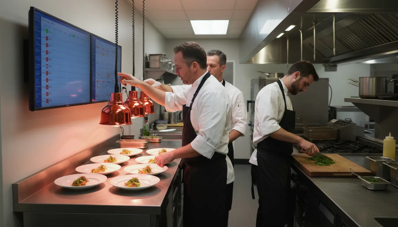 Three kitchen staff collaborating during reduced holiday service