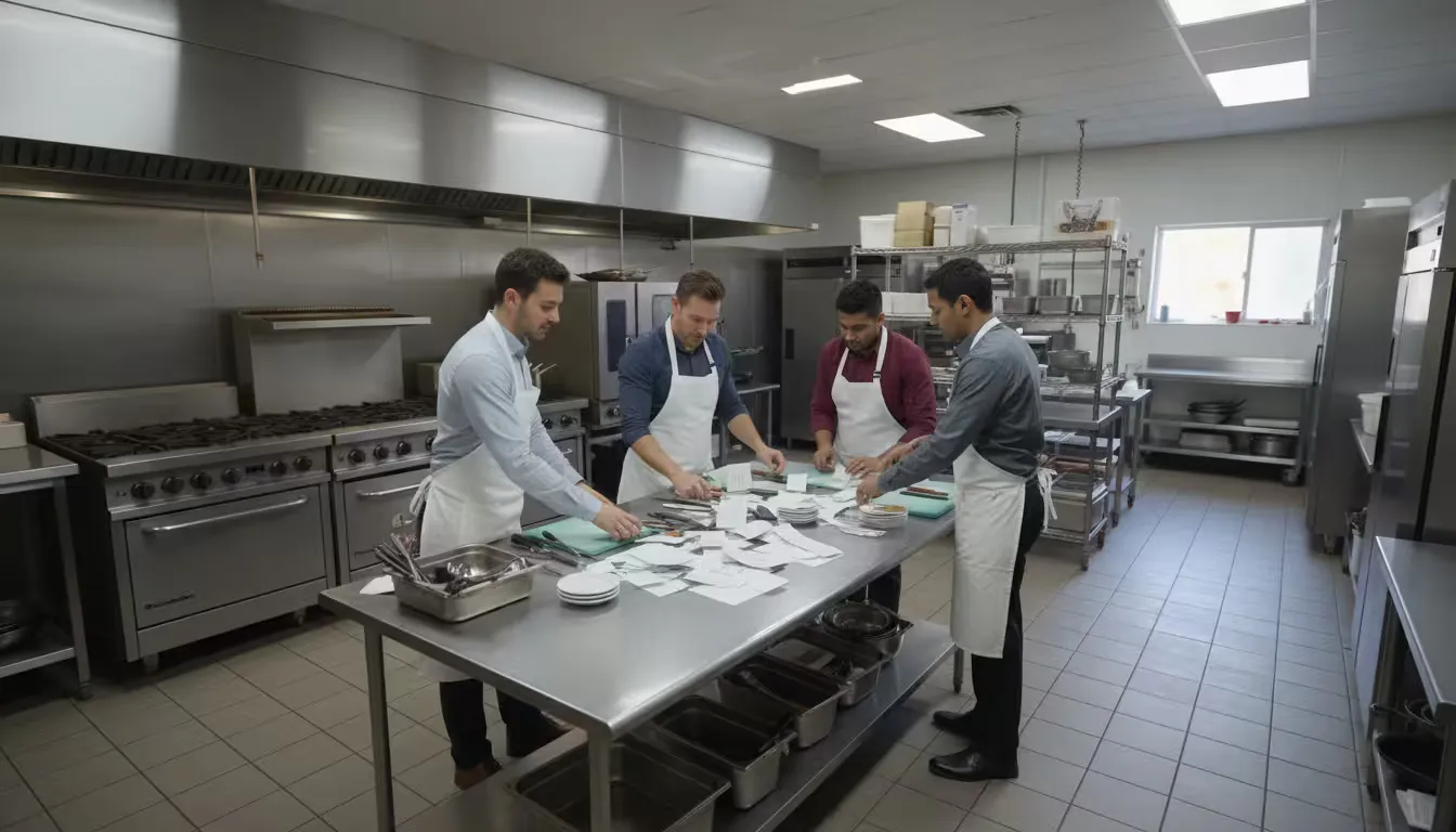 Wide shot from an elevated corner angle showing four candidates standing around a stainless steel prep table in a commercial kitchen during off-hours,