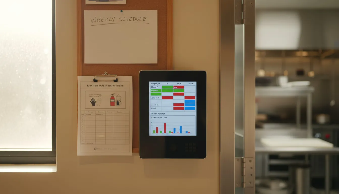 Digital time clock displaying attendance records in restaurant break area