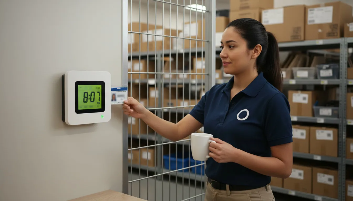 Retail worker scanning badge at time clock showing 8:07 AM