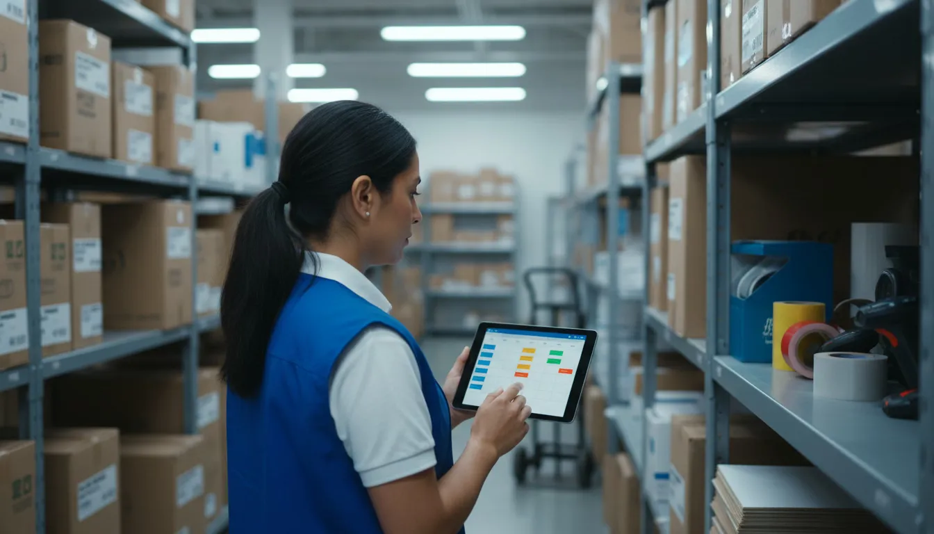Retail employee viewing schedule on wall-mounted tablet in stockroom
