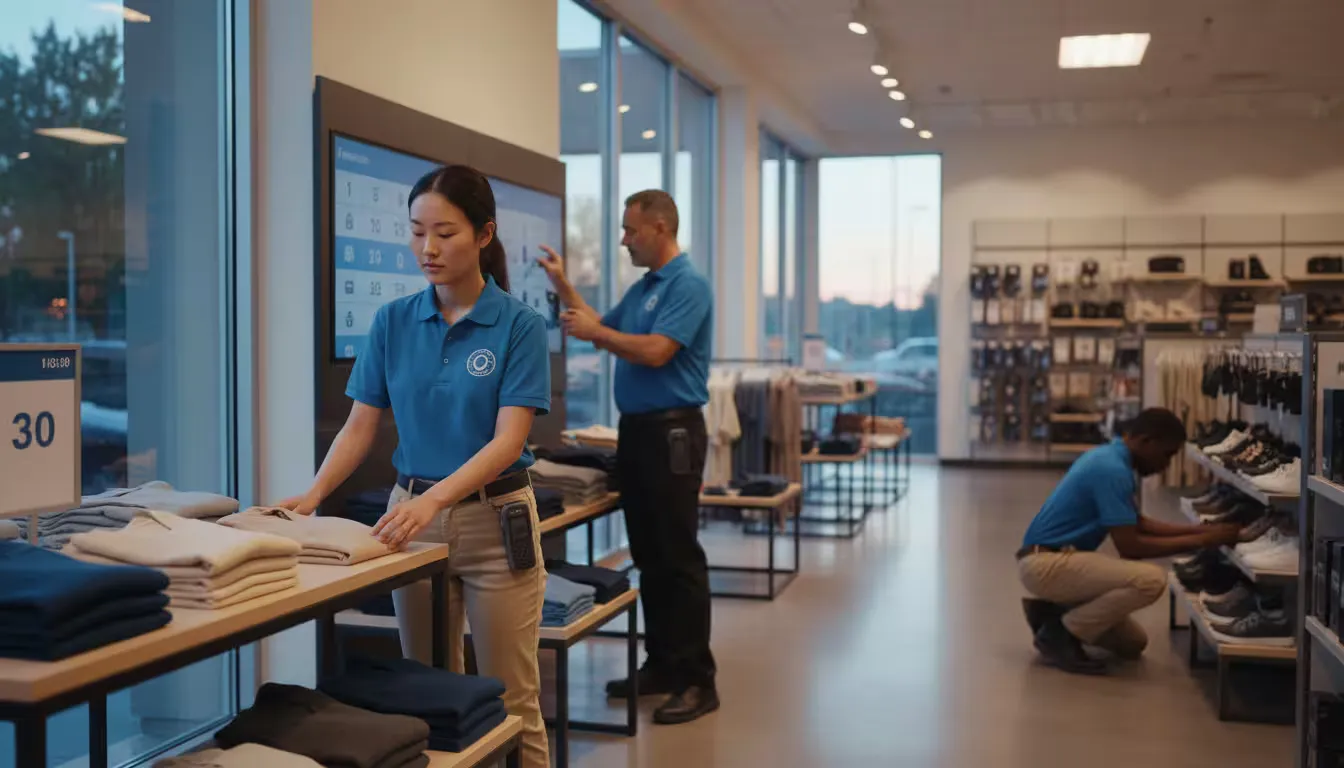 Eye-level shot of a retail sales floor during early morning opening procedures, with soft overhead fluorescent lighting and natural dawn light filteri