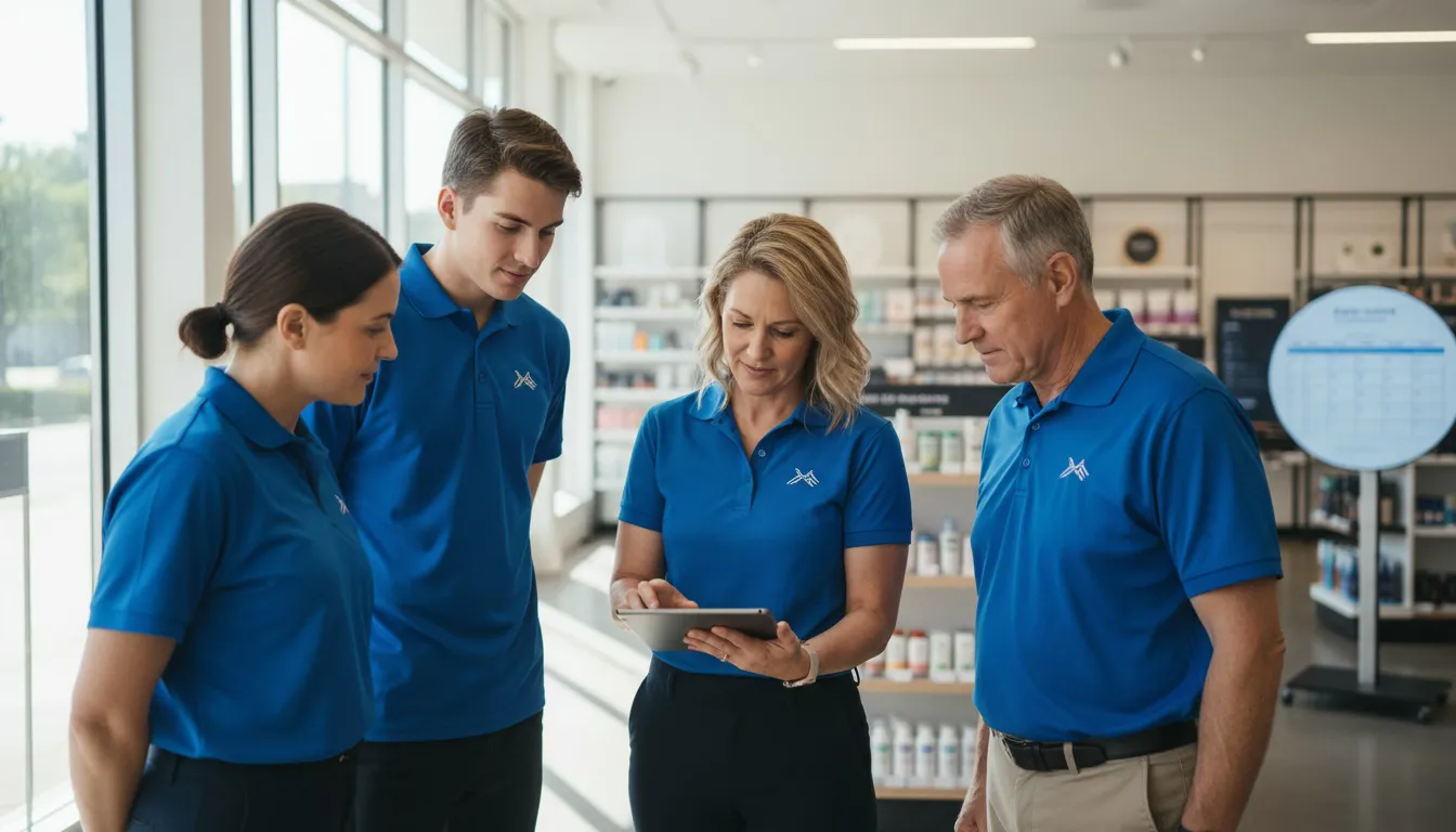 Retail team huddle discussing daily sales goals on store floor