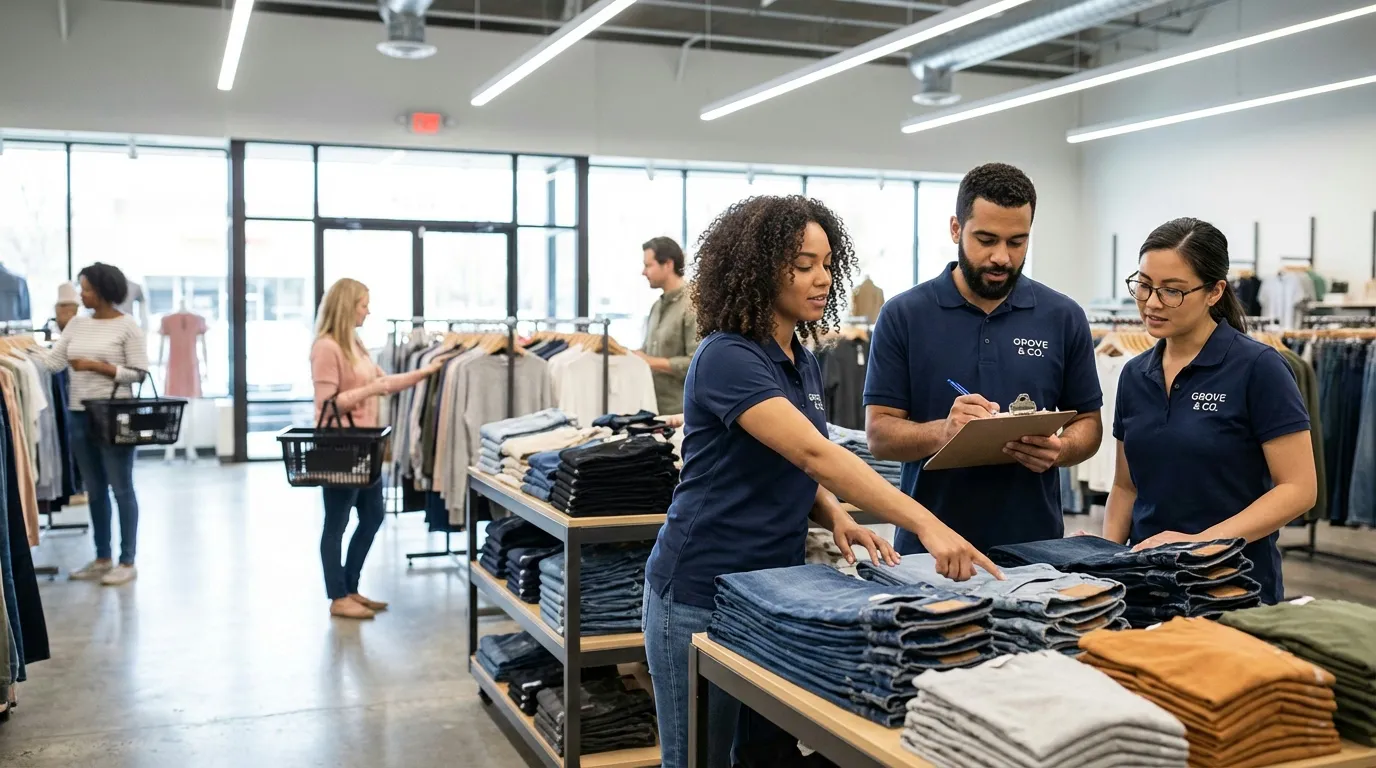 Retail associates coordinating on sales floor near merchandise display