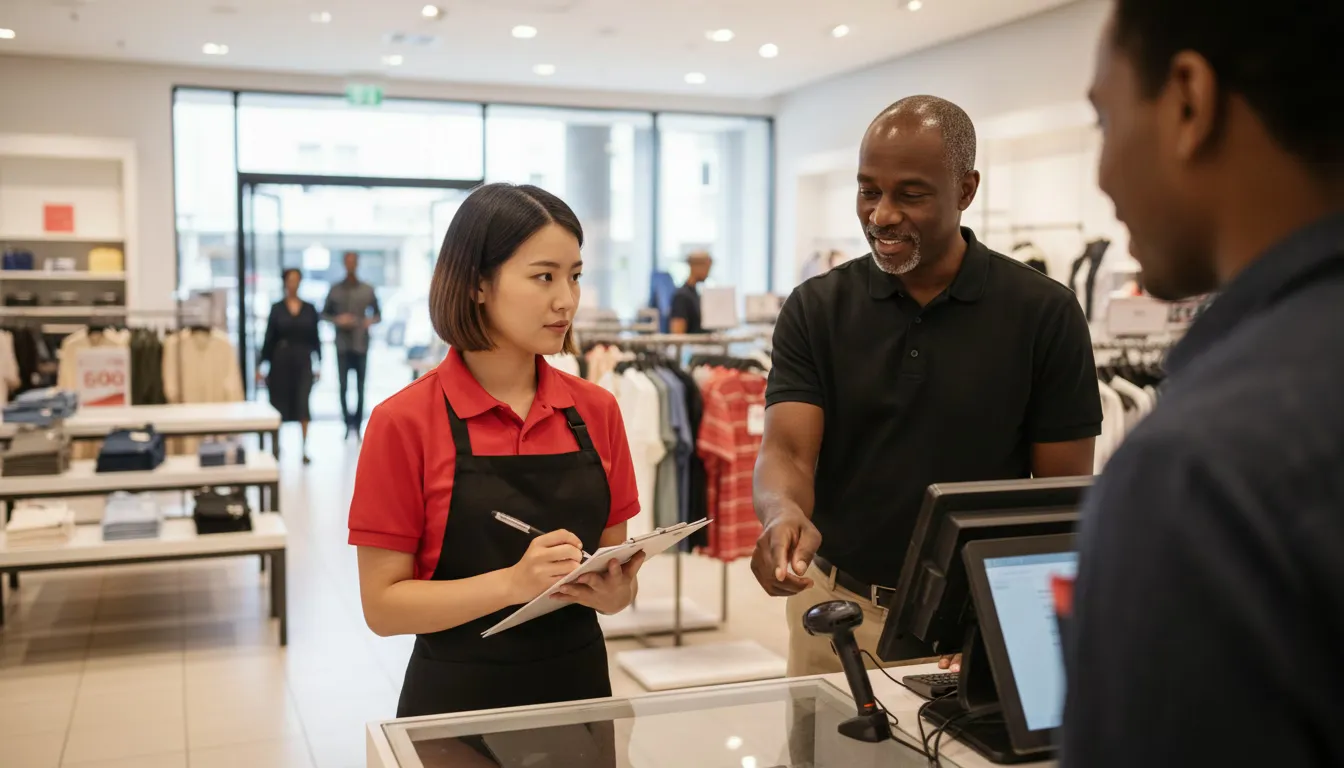 Retail associate receiving training from experienced team member on sales floor
