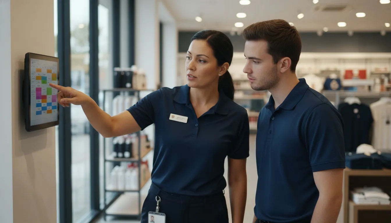 Full-time supervisor and part-time retail associate reviewing schedule on wall tablet