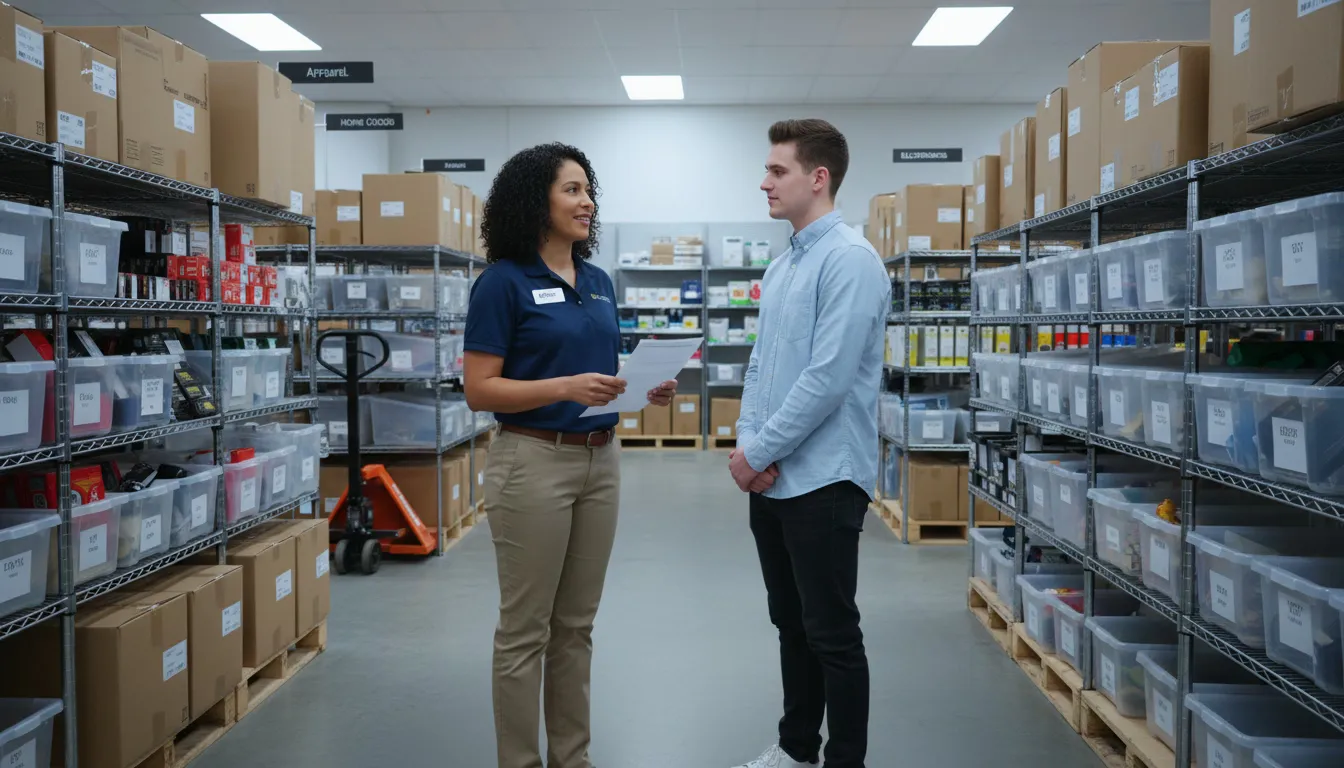 Store manager interviewing job candidate in retail stockroom