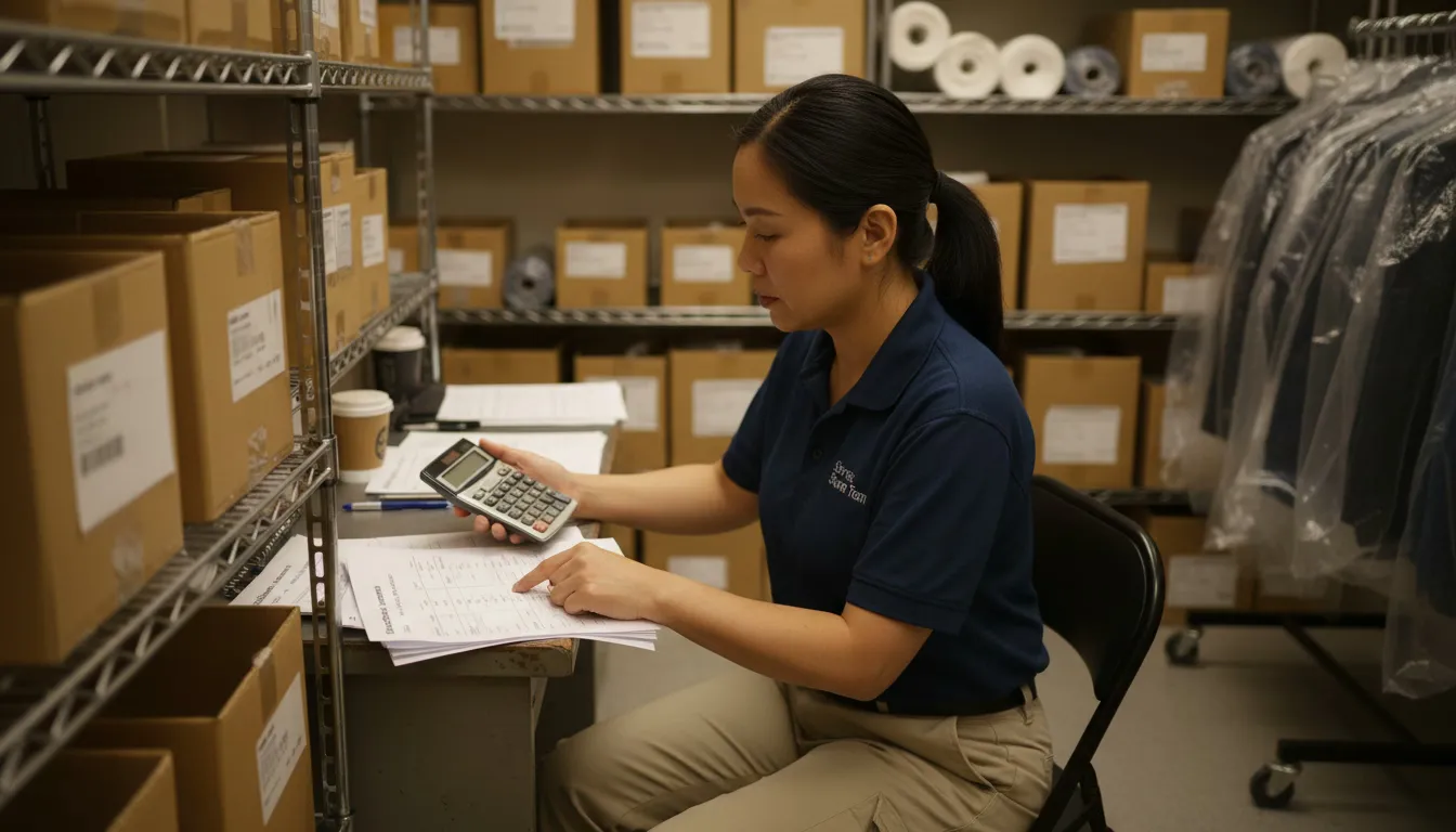 Retail manager reviewing salary calculations in stockroom office