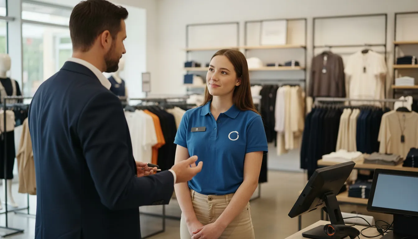 Retail manager coaching sales associate on store floor during quiet period