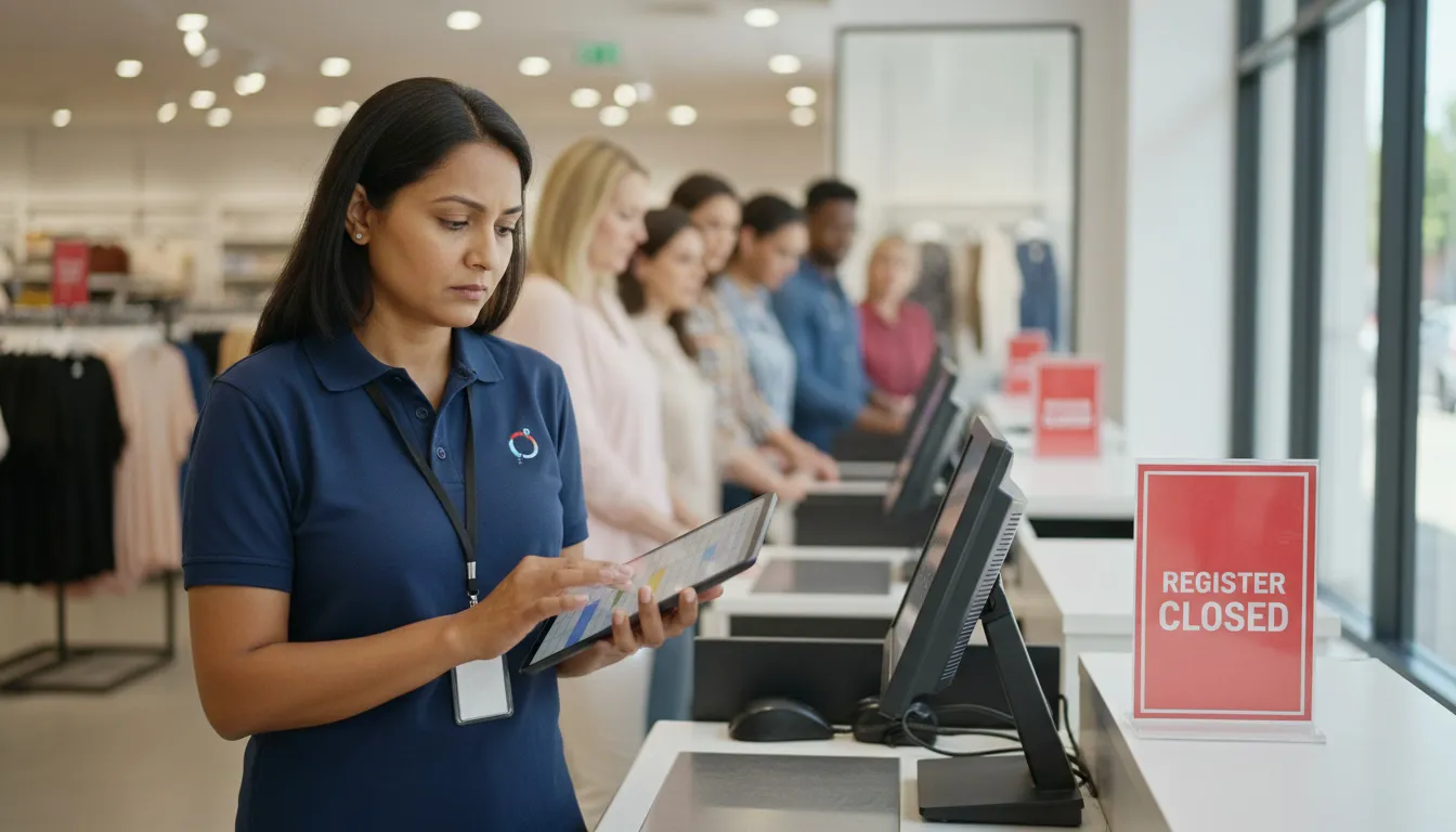 Retail manager at closed register reviewing schedule during busy store hours