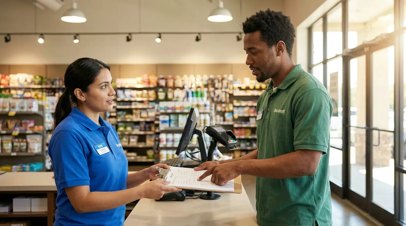 Two retail workers exchanging shift notes during handoff at service counter