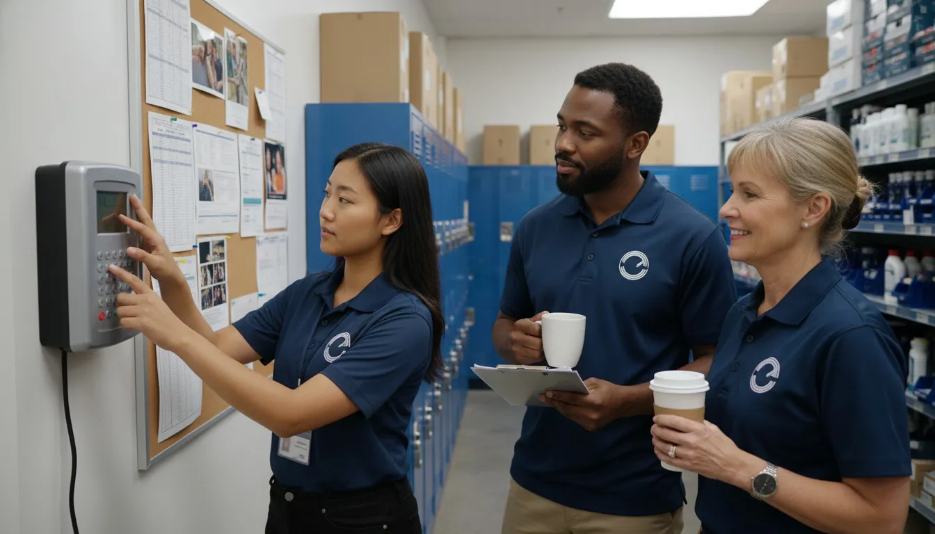 Retail workers clocking in at wall-mounted time clock during shift start