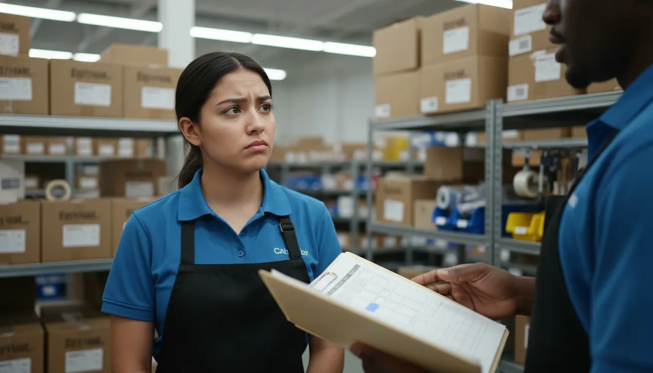 Store manager having private conversation with employee in retail stockroom