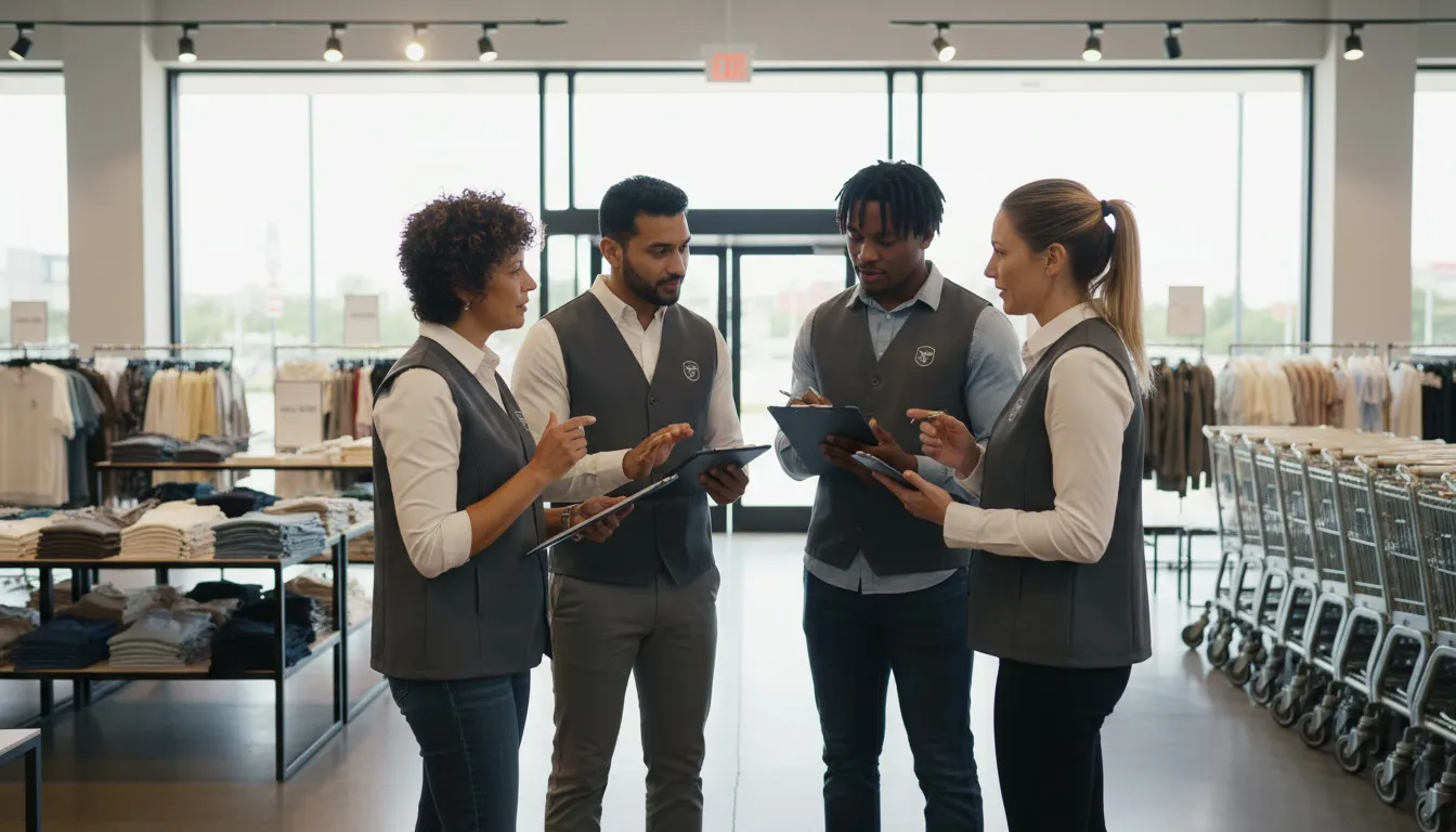 Retail team morning huddle on sales floor during opening shift