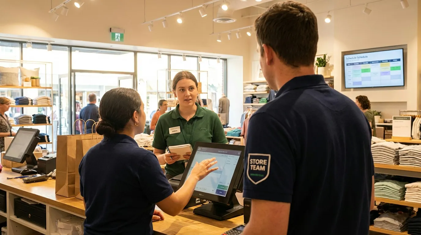 Two retail associates conducting shift handoff at customer service counter