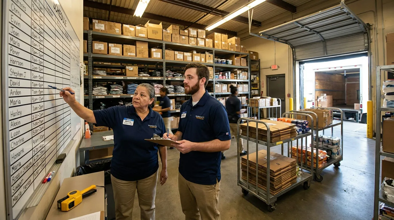 Two retail workers exchanging shift information in stockroom near schedule board