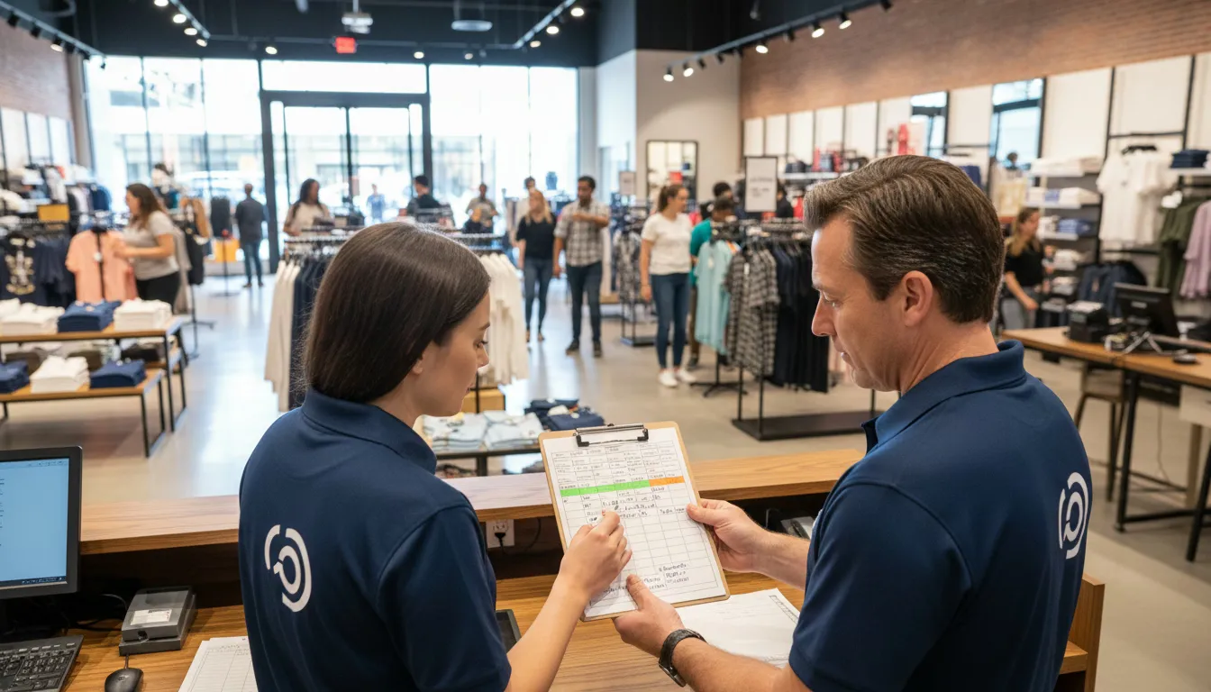 Retail supervisors coordinating staggered team schedules for coverage