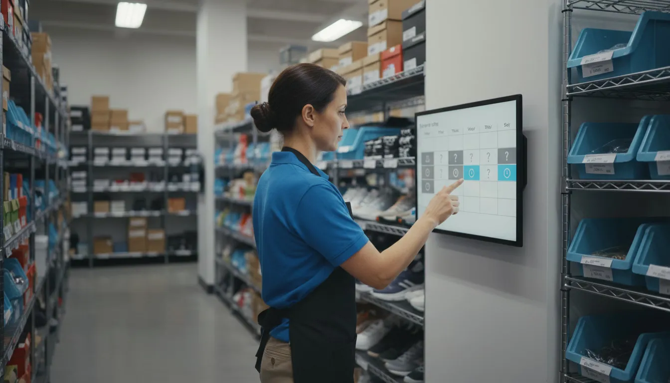 Retail employee reviewing overtime shift options on stockroom tablet