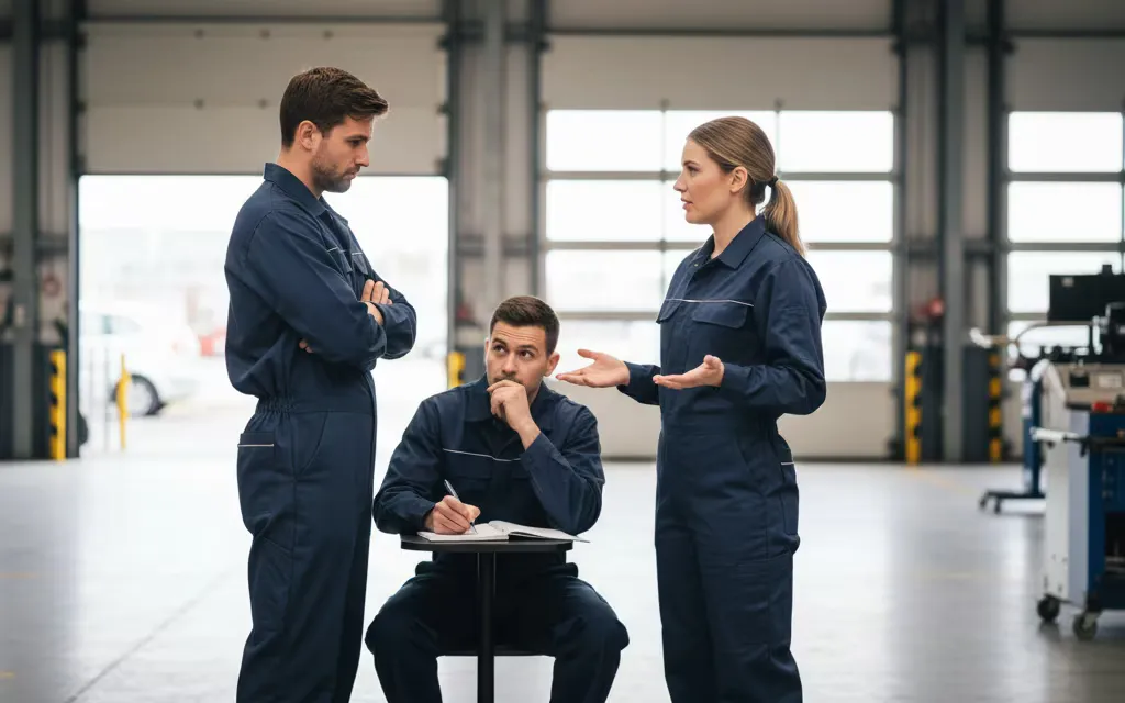Two technicians role‑playing a tense customer scenario while a peer observes
