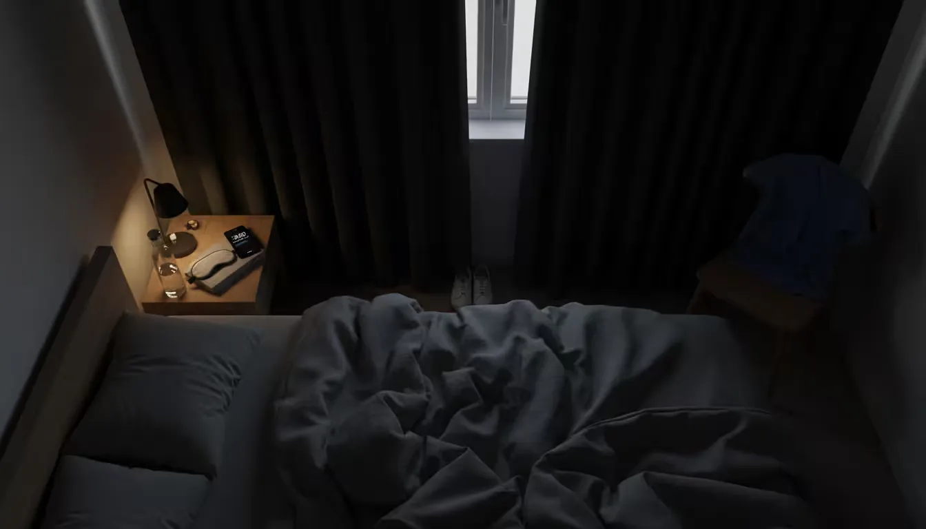 Overhead shot of a bedroom prepared for daytime sleep after a night shift, showing blackout curtains fully drawn, creating near-complete darkness exce