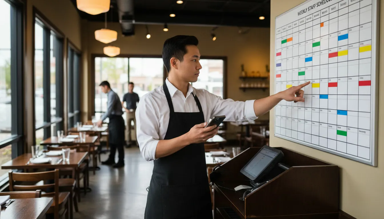 Restaurant server checking wall schedule showing split shift assignments