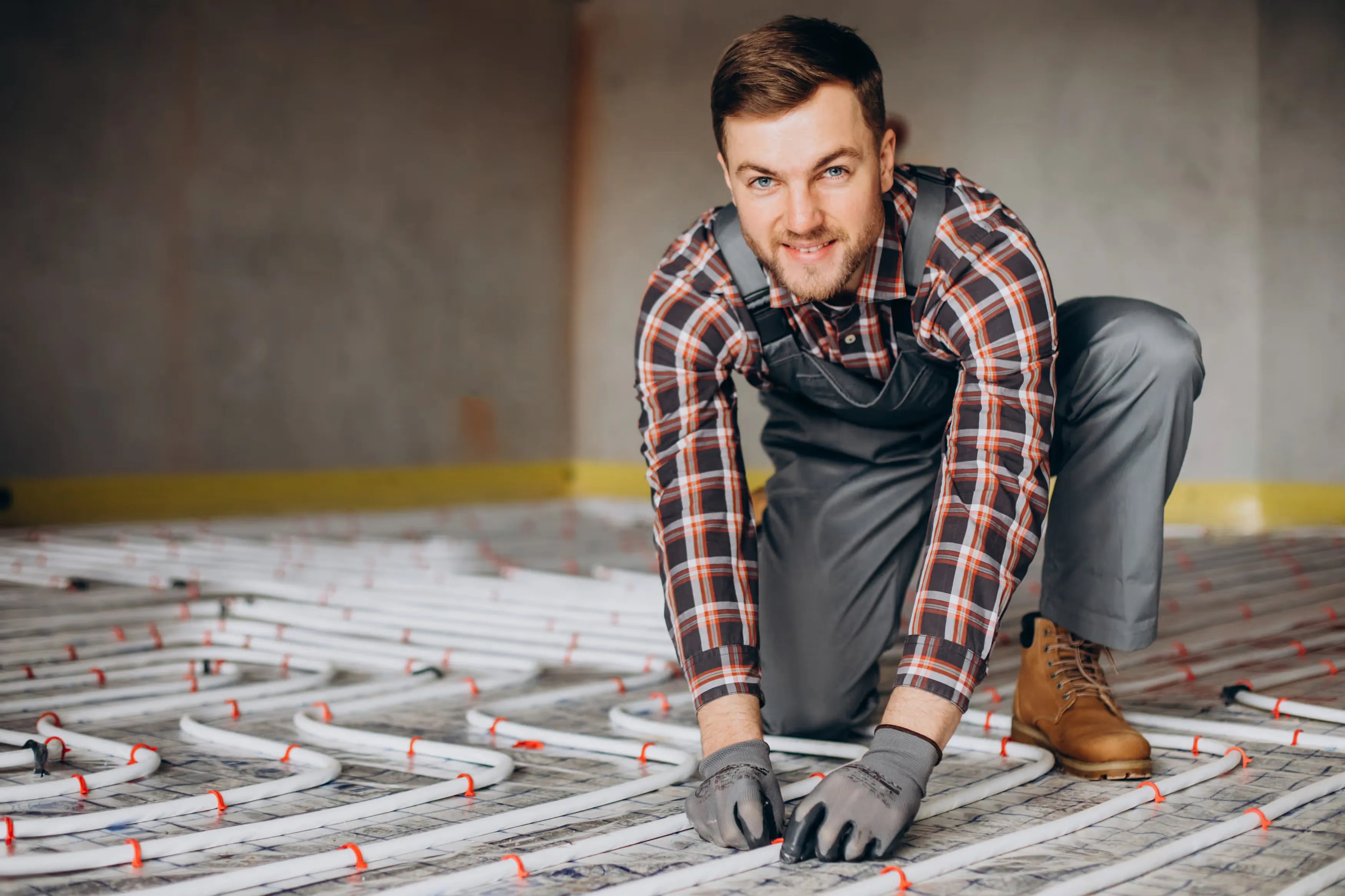 Technician inspecting radiant floor heating manifolds during service