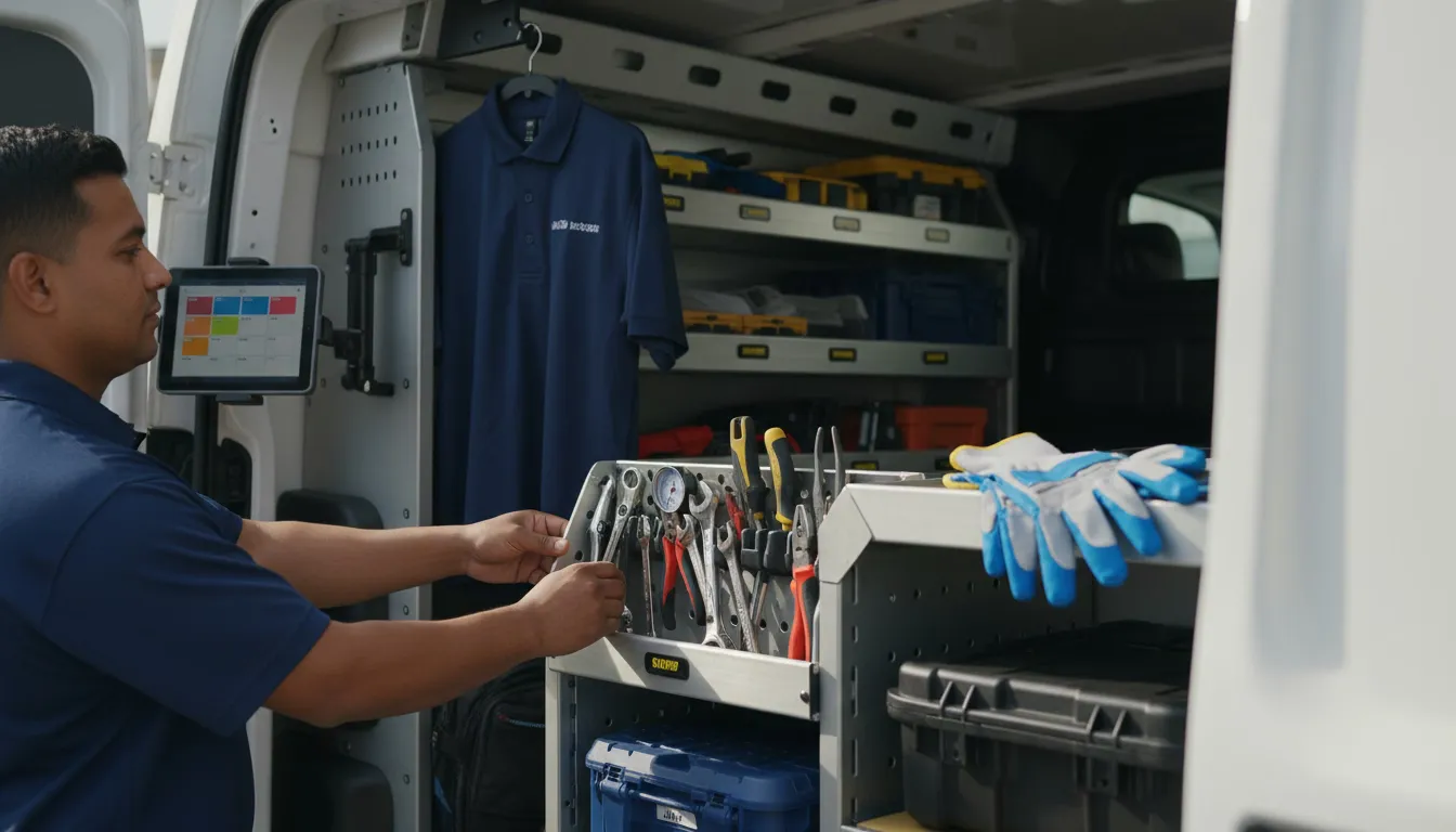 Service tools and equipment organized in commercial van interior