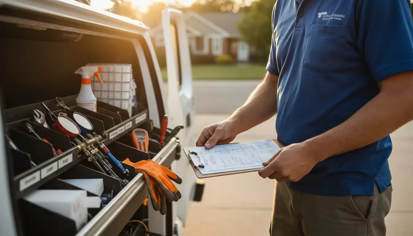 Close-up shot of work-worn hands organizing HVAC tools in a service vehicle's storage compartment during golden hour, with warm sunlight filtering thr