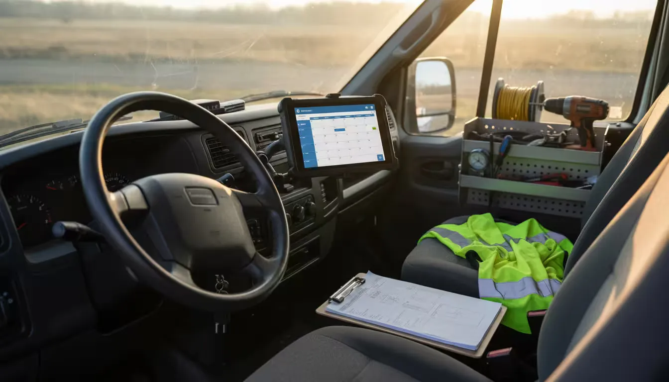 Interior close-up shot of an HVAC service van during early morning golden hour light.